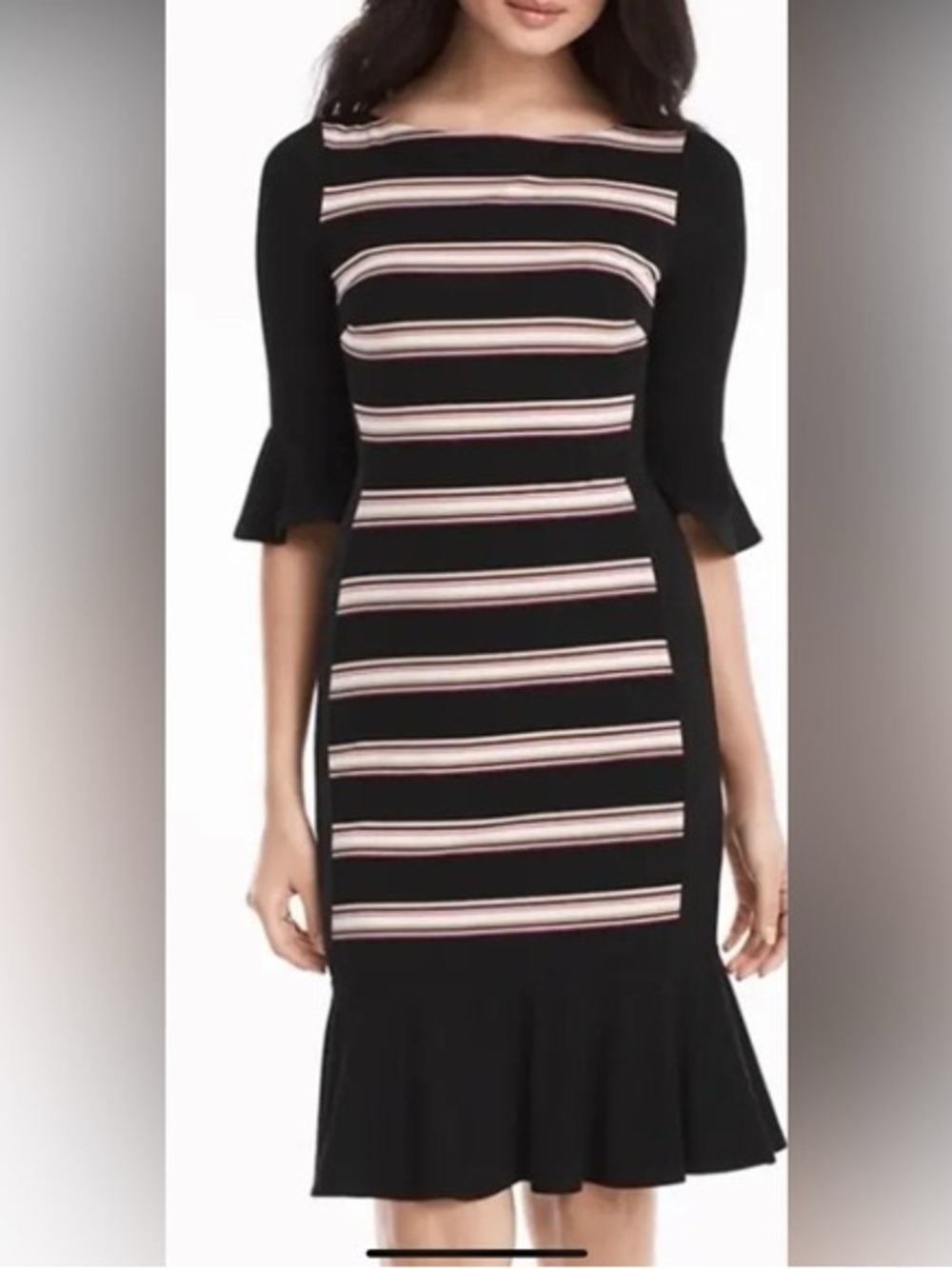 White House Black Market Black Bell Sleeve Flippy Hem Striped Sheath Dress 8
